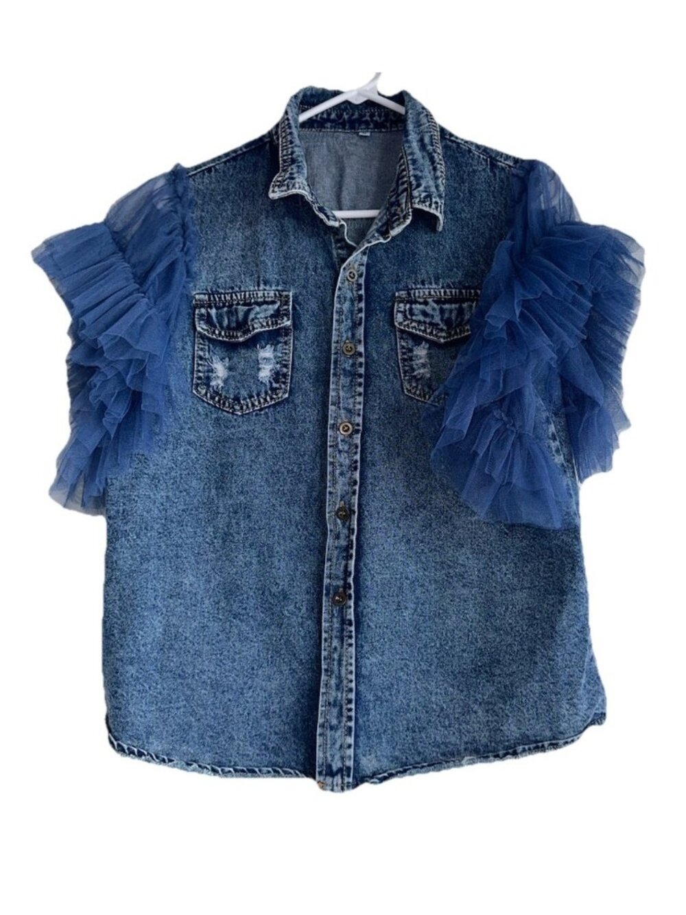 Sun Imperial Valerie Denim Top Sz M Tulle Ruffle Sleeve Cowgirl Western Twee